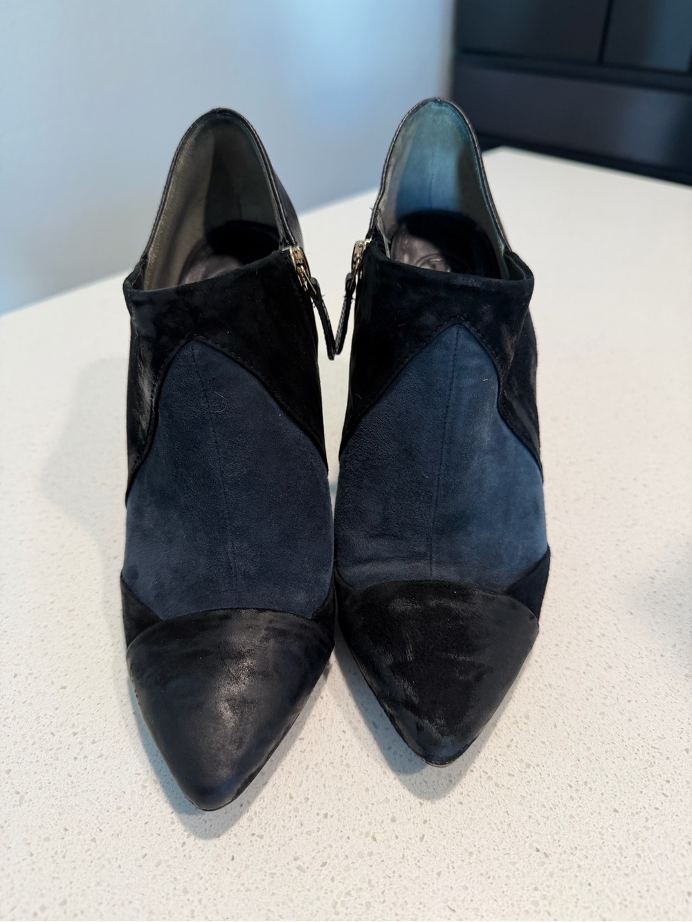 Tory Burch Two-Tone Black and Navy Suede Pointed Ankle Booties